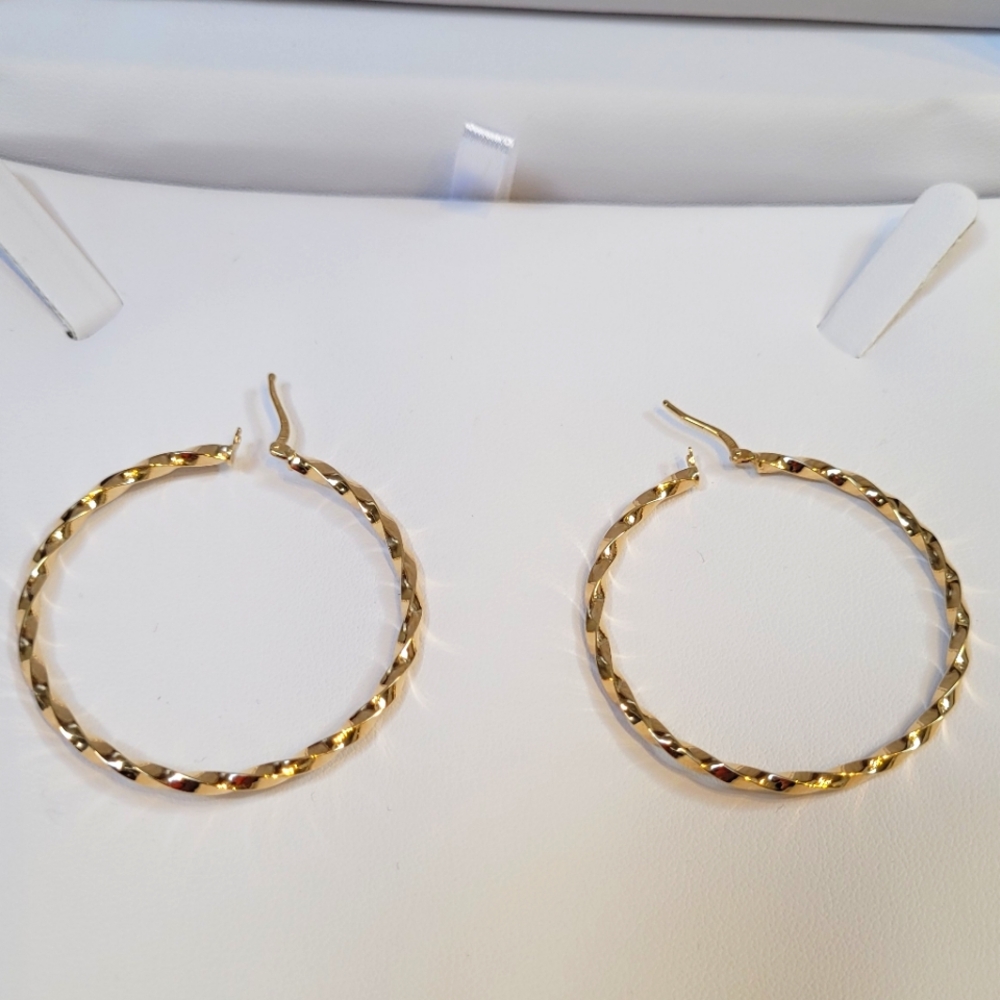 14k Solid Yellow Gold Twisted Hoop Earrings, 45mm,